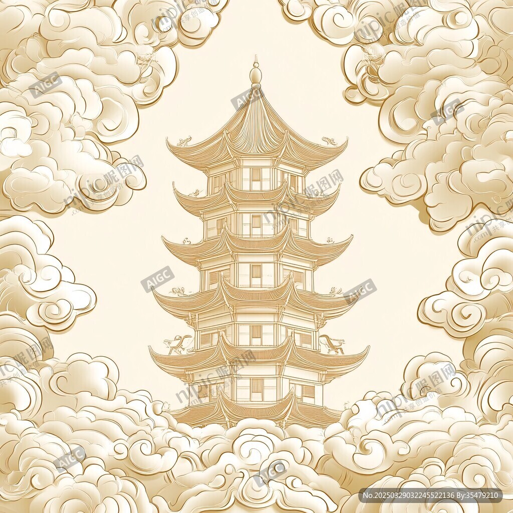 古风宝塔云纹精美插画