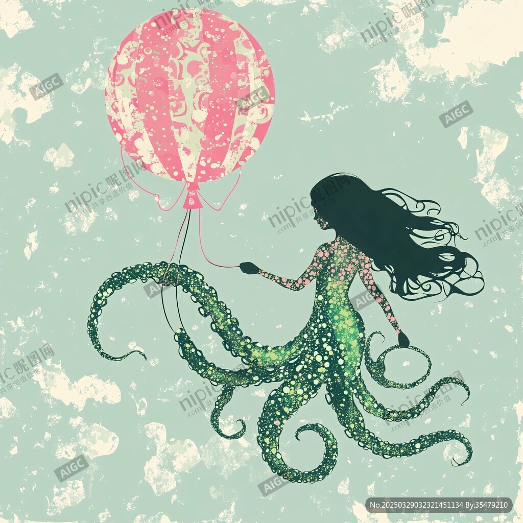 章鱼美人鱼牵气球梦幻插画