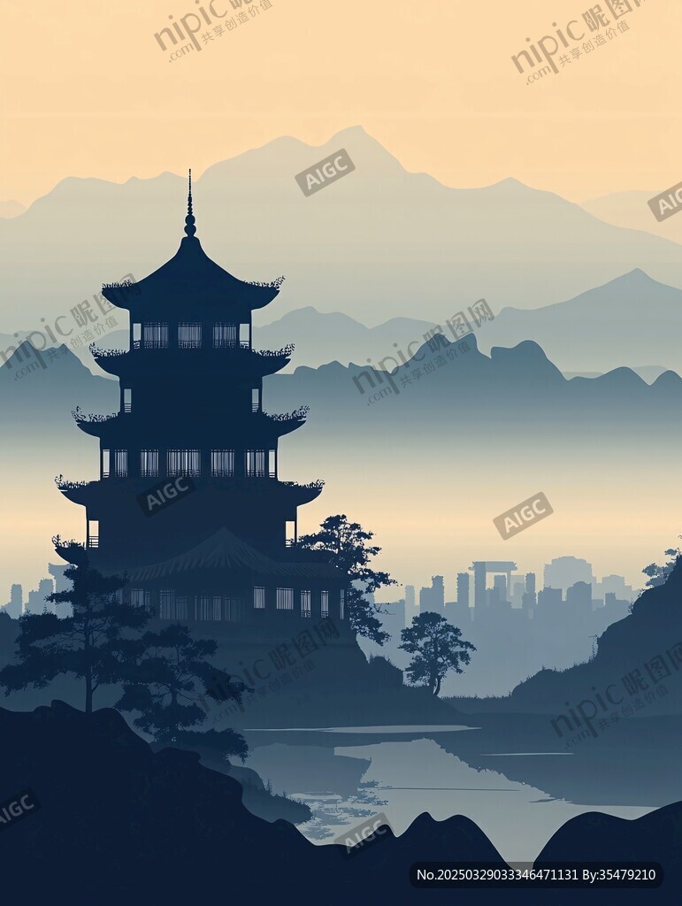 湖畔古楼映远山美景