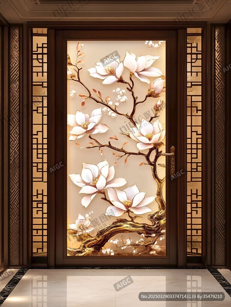 中式玉兰玄关艺术玻璃