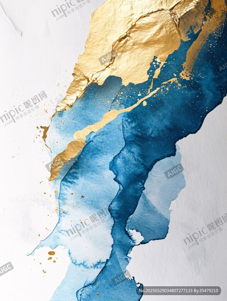 蓝金交融抽象水彩艺术画