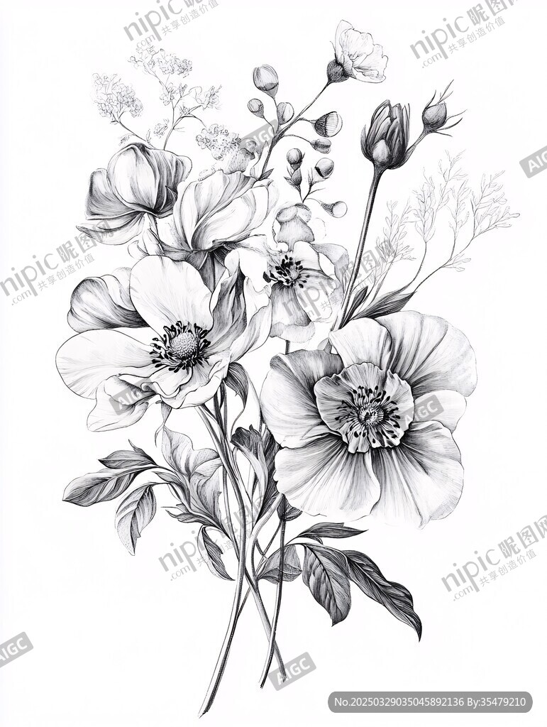黑白花卉手绘插画