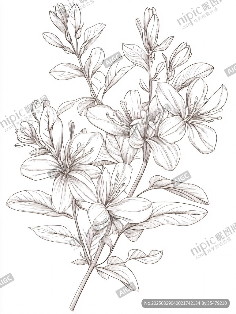 手绘花卉植物线稿图