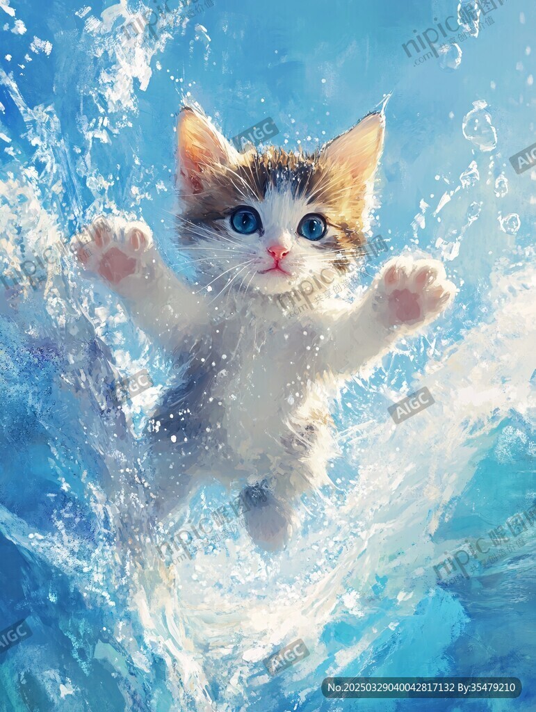 小猫跃入蓝色水花瞬间