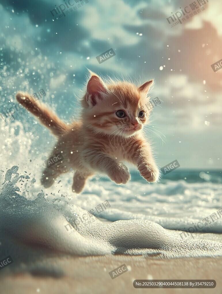 小猫在海边快乐跳跃