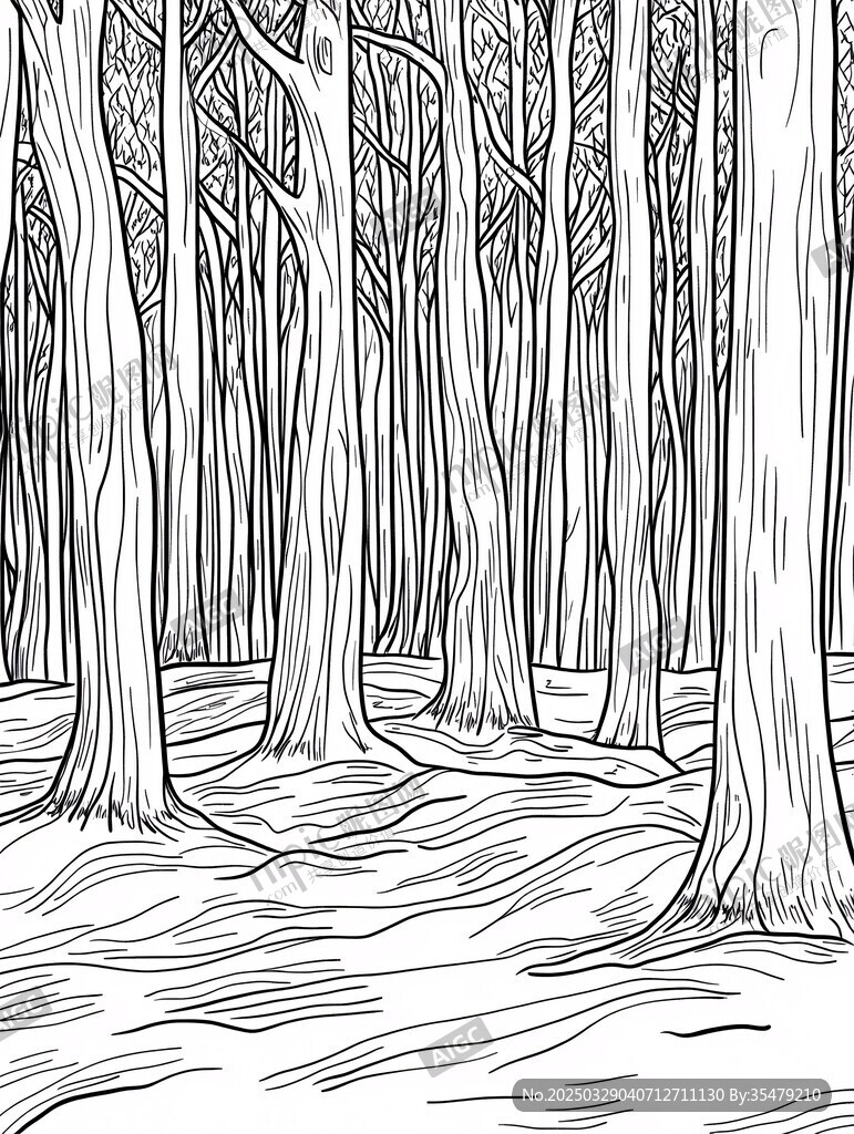 手绘黑白森林树木图景