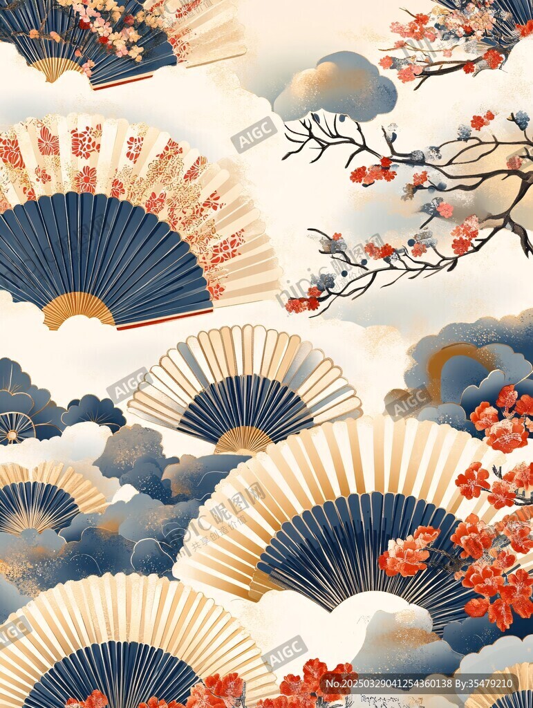 中式折扇与繁花云海图景