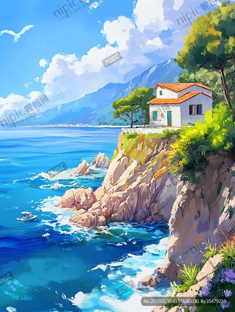 悬崖畔的海滨小屋美景