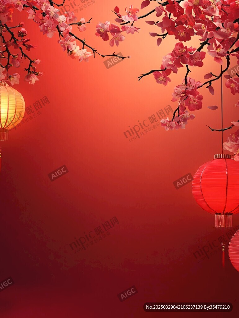 红灯笼与繁花装点的红背景