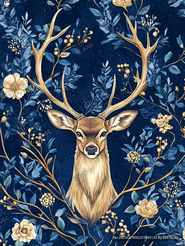 鹿与花卉的梦幻插画图案
