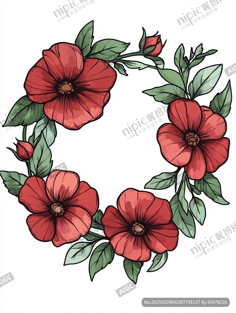 红色花朵绿叶花环插画