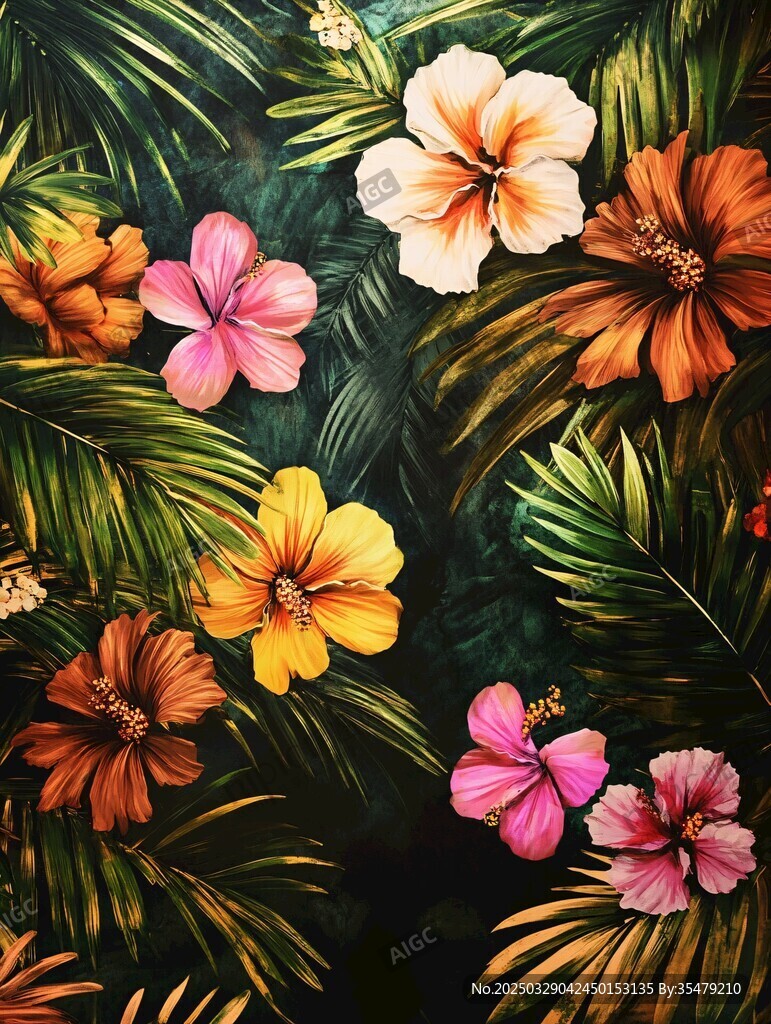 热带花卉与绿叶图案