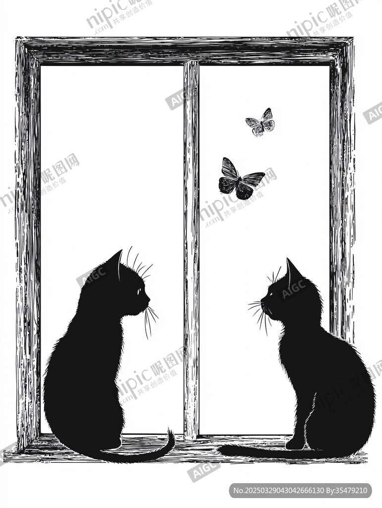 窗边双猫望蝶的温馨场景