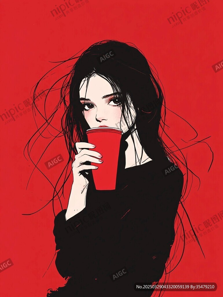 红发女孩手持红杯的瞬间