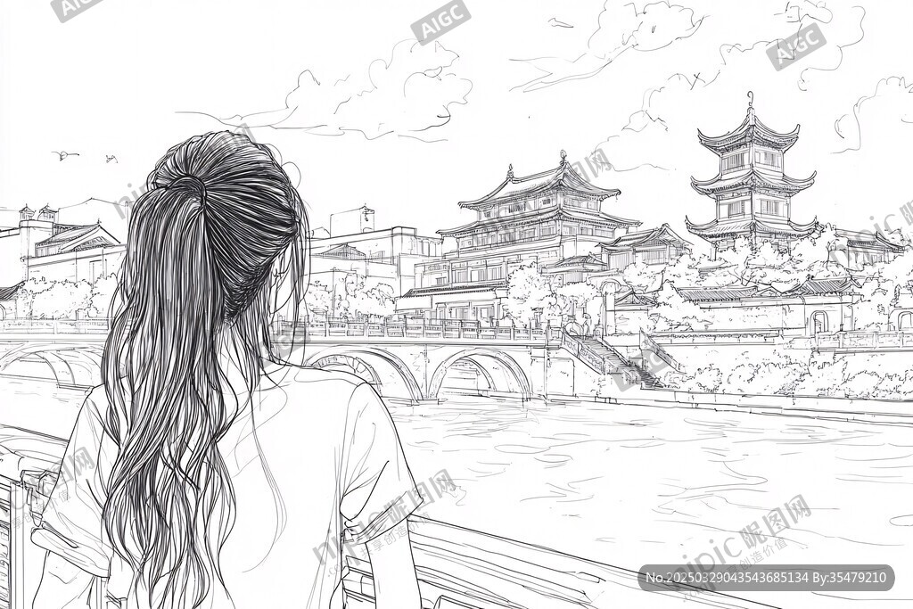 女孩眺望中式古建筑风景