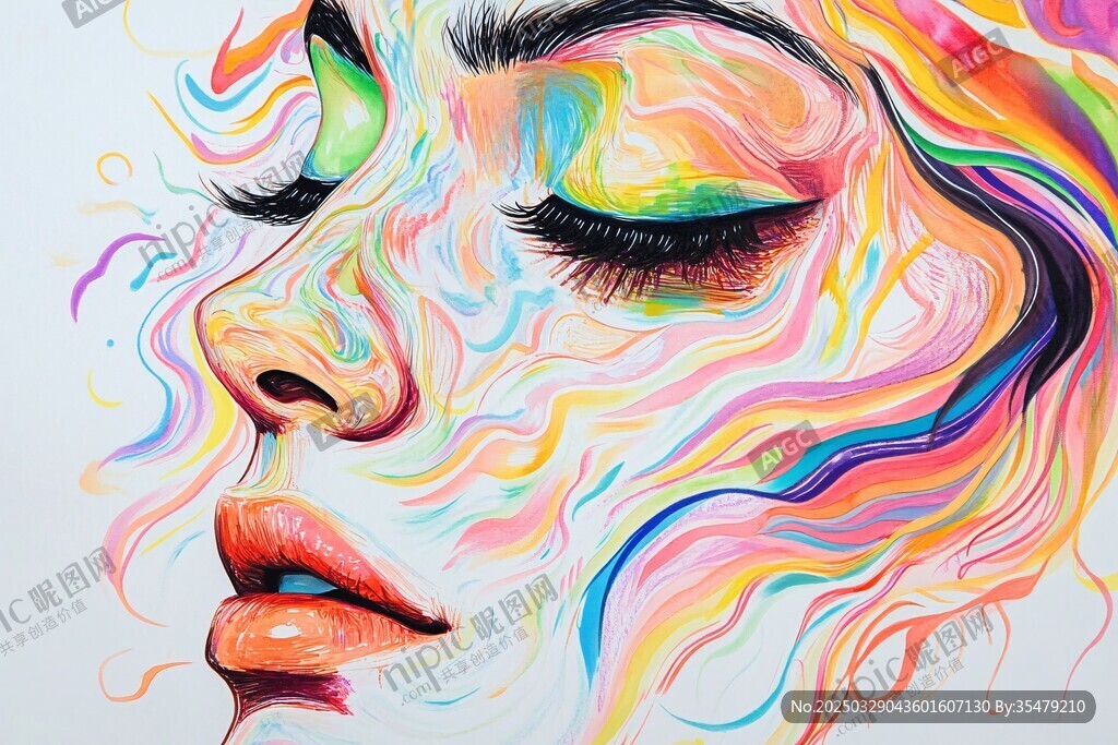 梦幻多彩闭眼女性艺术画像