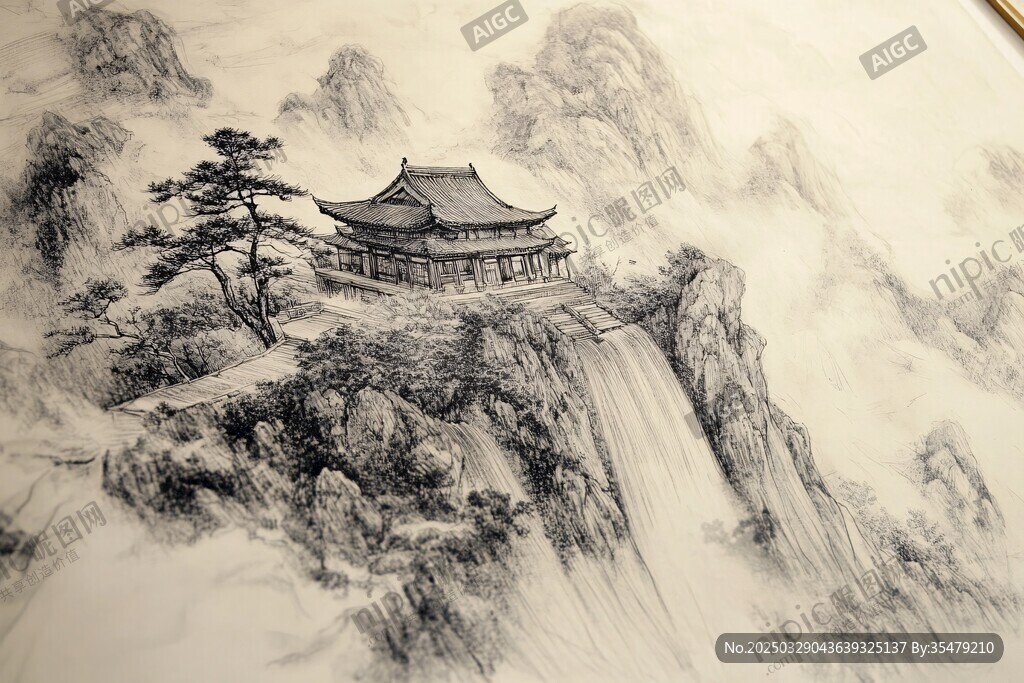 水墨山水间的古韵楼阁