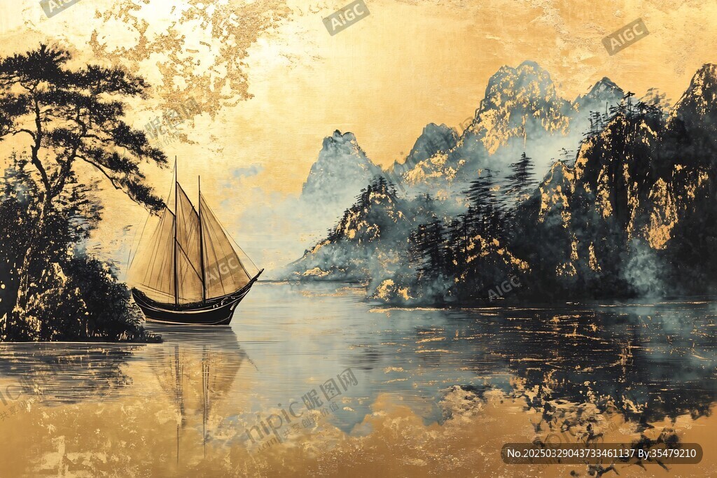金色山水间的孤舟景致