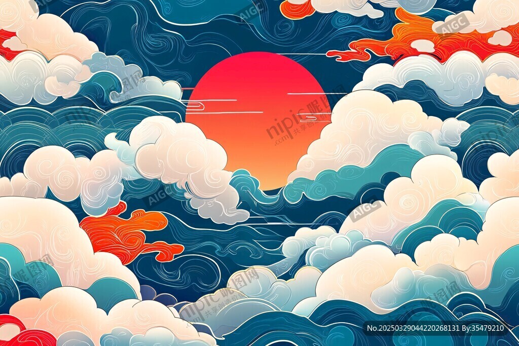 海上红日伴云海壮丽图景