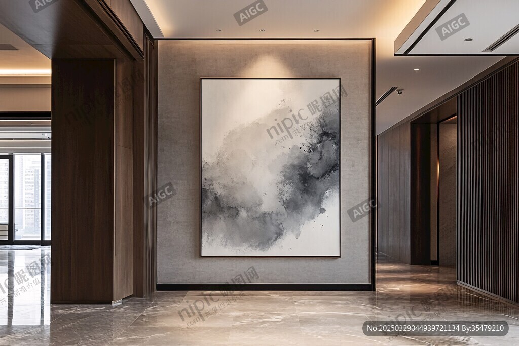 现代走廊的水墨艺术挂画