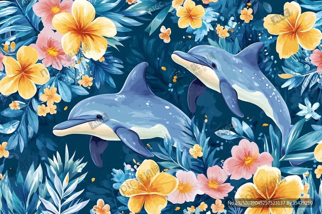 海豚游弋于繁花绿叶间