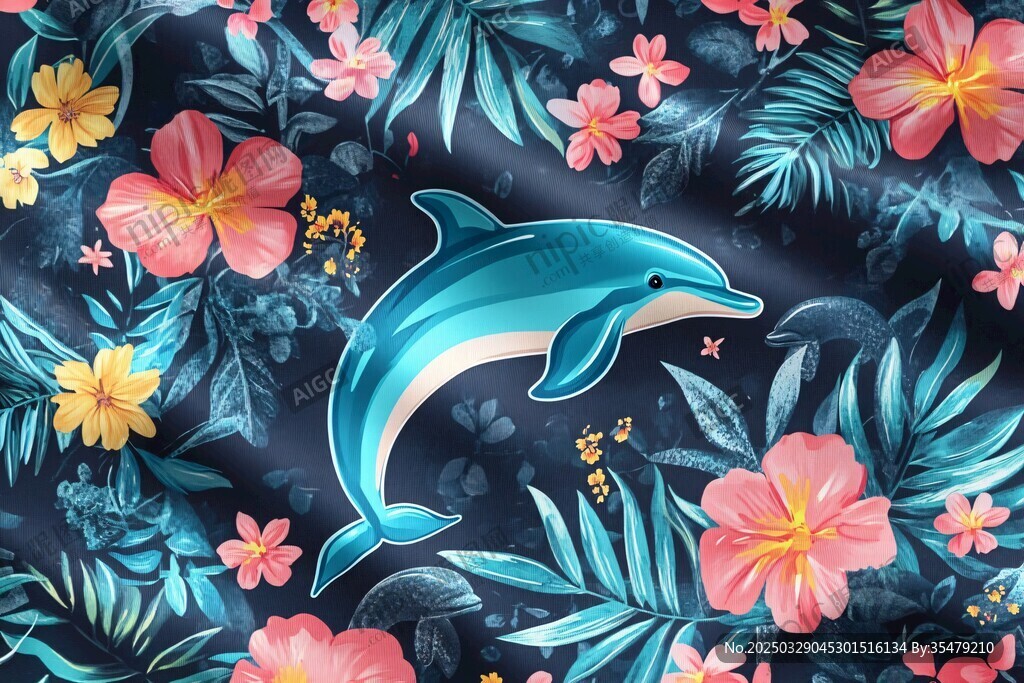 海豚畅游于花卉绿叶间