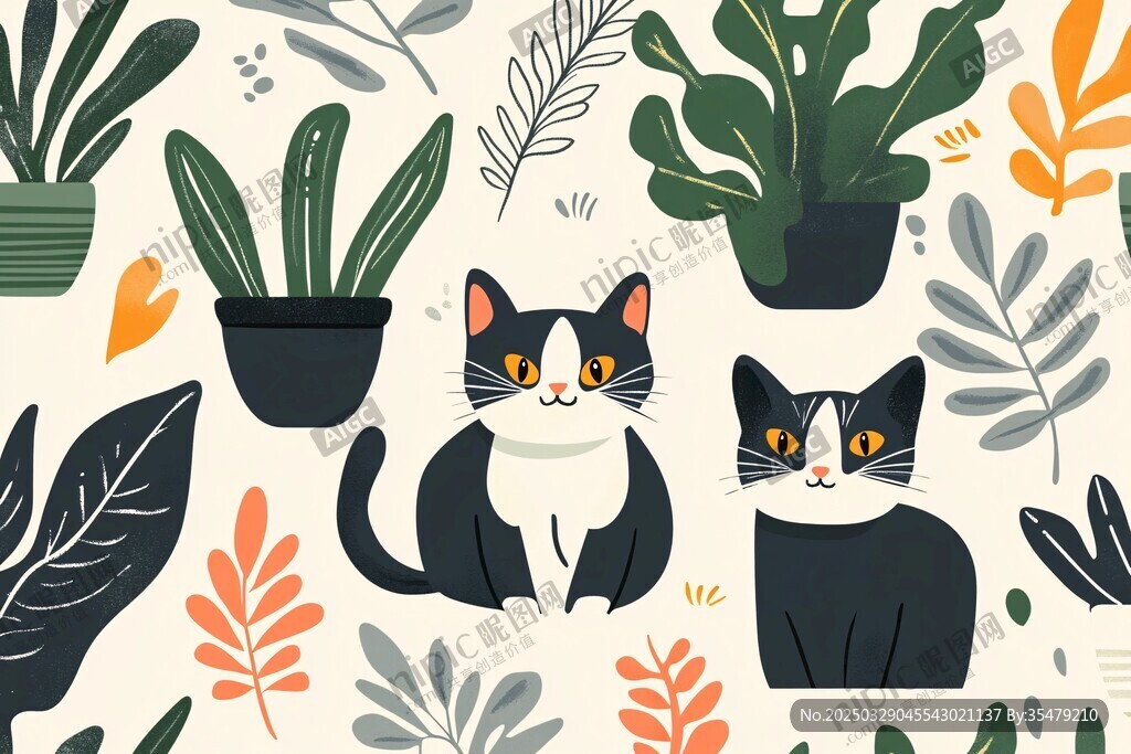 猫咪与绿植的可爱插画