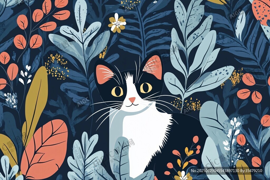 猫咪置身繁茂植物间