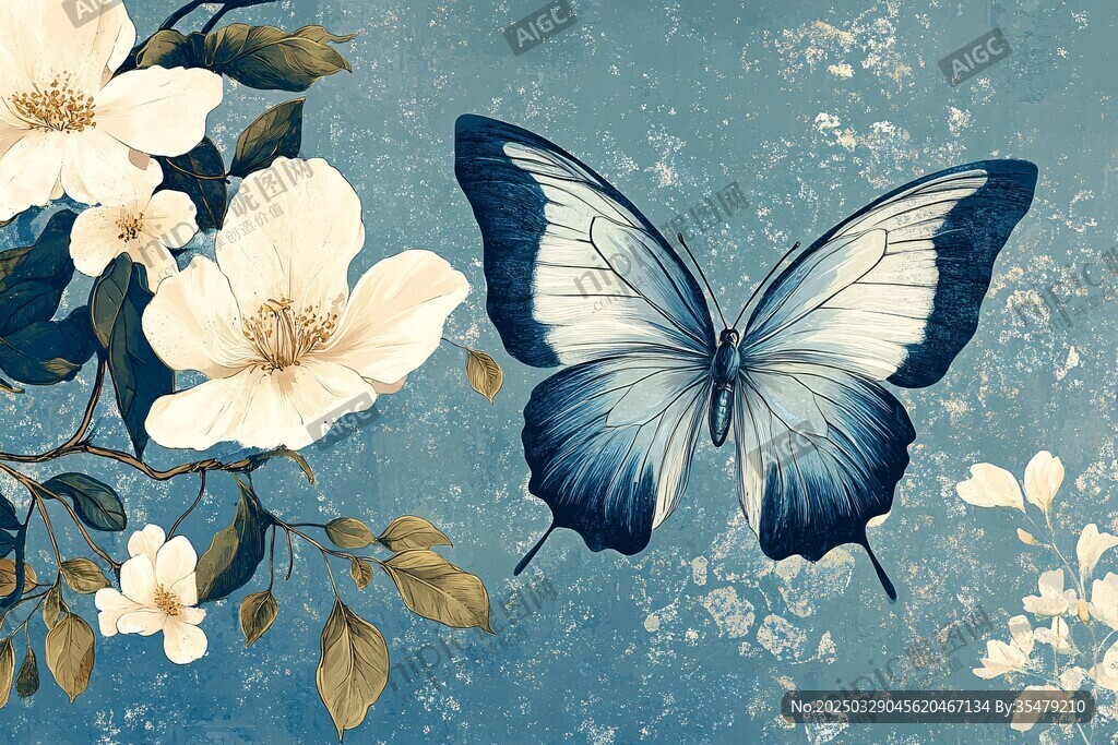蓝调花卉蝴蝶梦幻插画