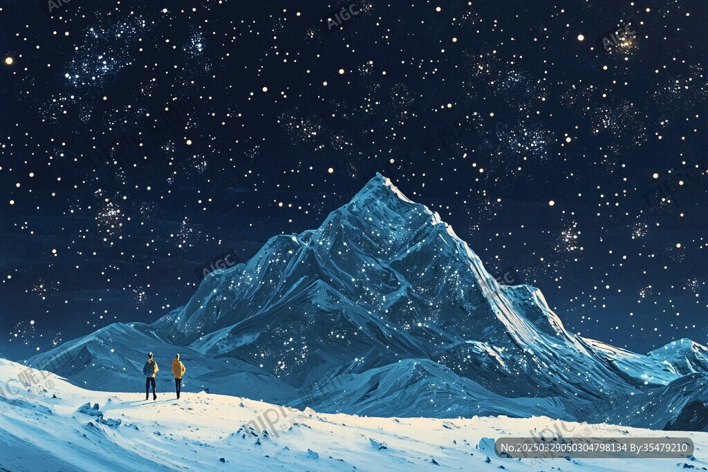 雪山星空下的两人身影