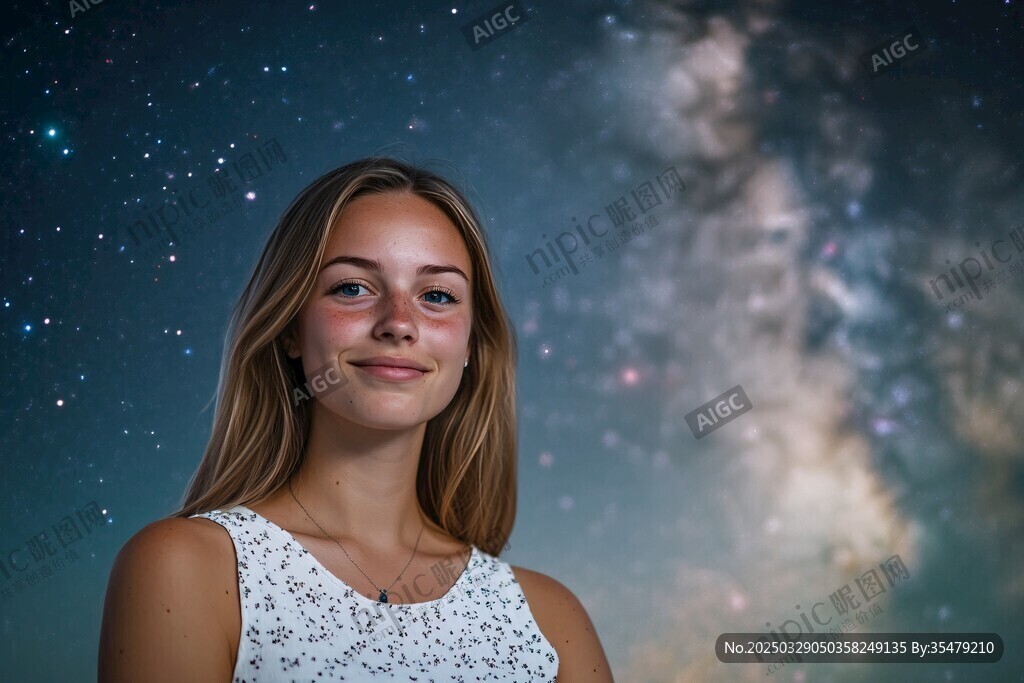 星空下的少女微笑瞬间