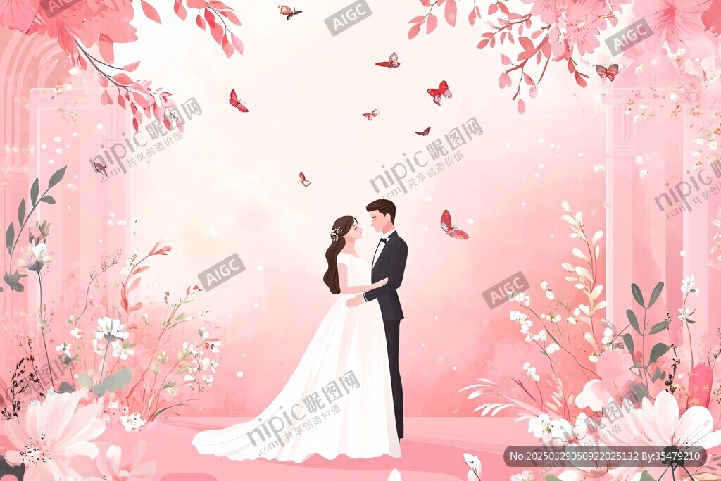浪漫粉色婚礼中的甜蜜新人