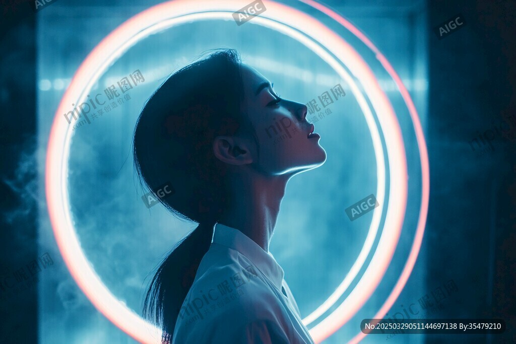 霓虹光环下的优雅女性