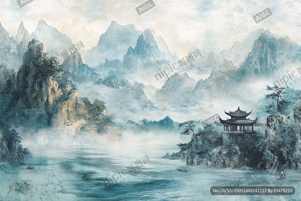 水墨山水间的古韵楼阁