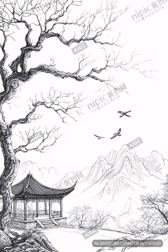 水墨古亭老树飞鸟山水图