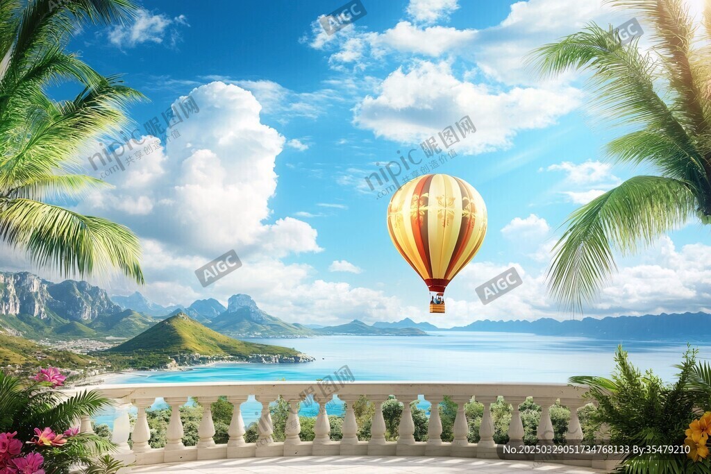 浪漫海景与空中热气球