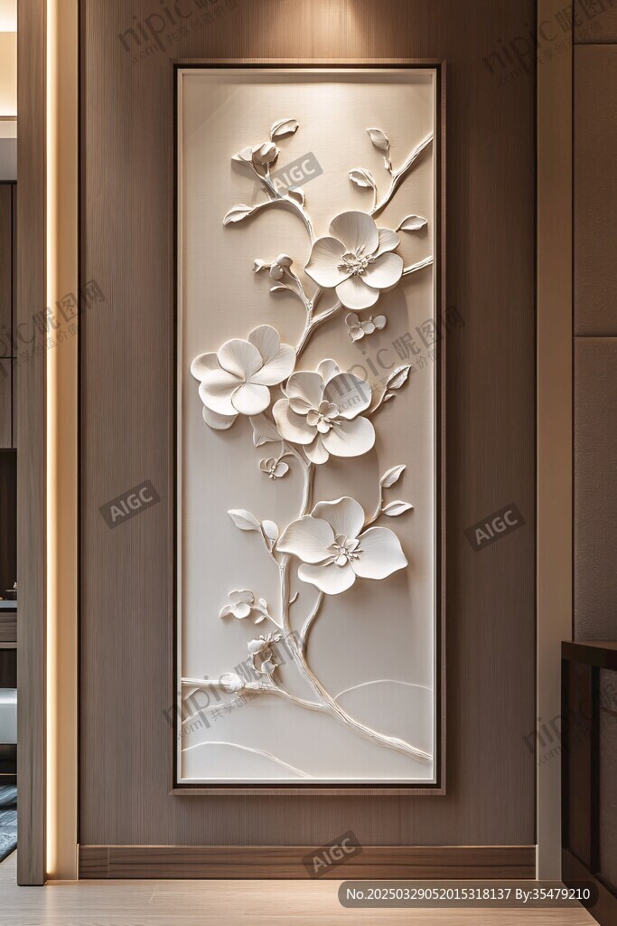 中式浮雕花卉玄关装饰画