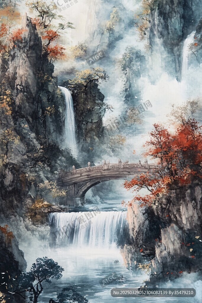 水墨山水间的诗意桥景