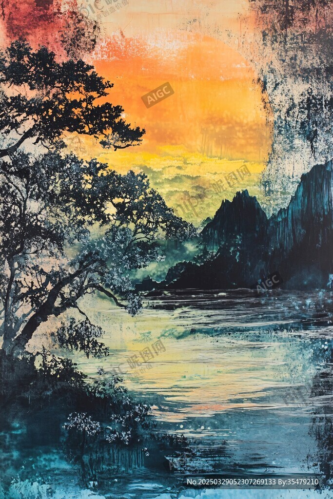 夕阳下的山水树木美景