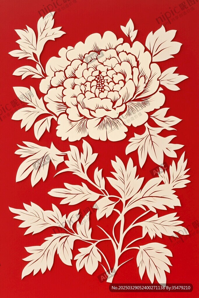 中式红底白牡丹花卉图案