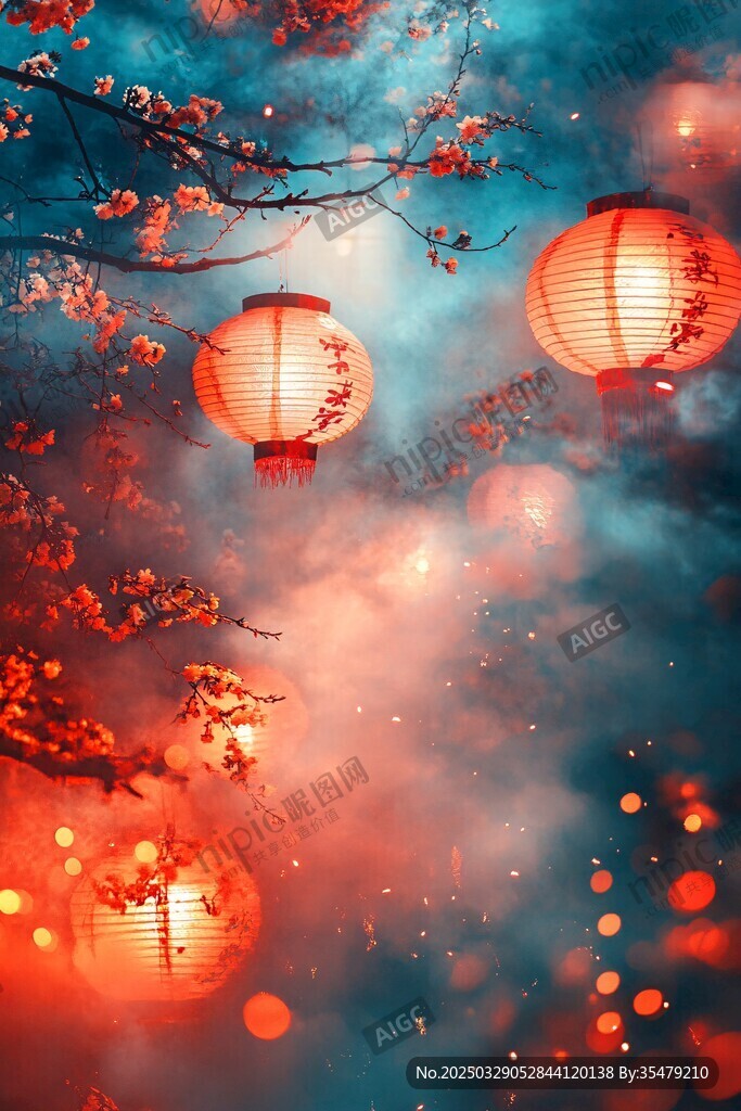 梦幻夜空中的中式红灯笼