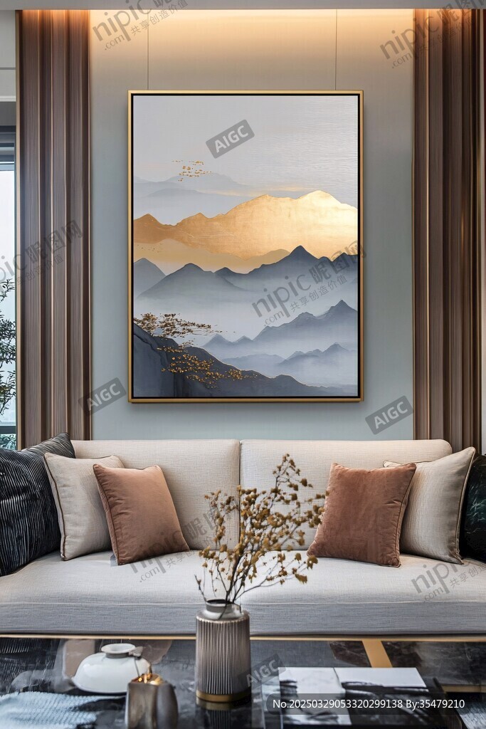 现代客厅中的山水装饰画