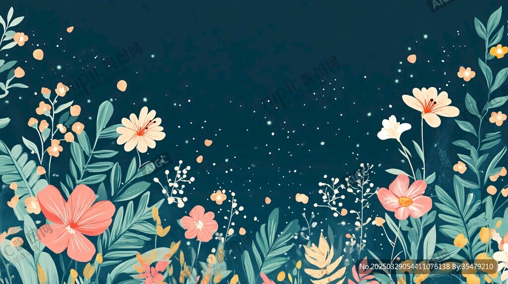 深蓝色背景的清新花卉图案