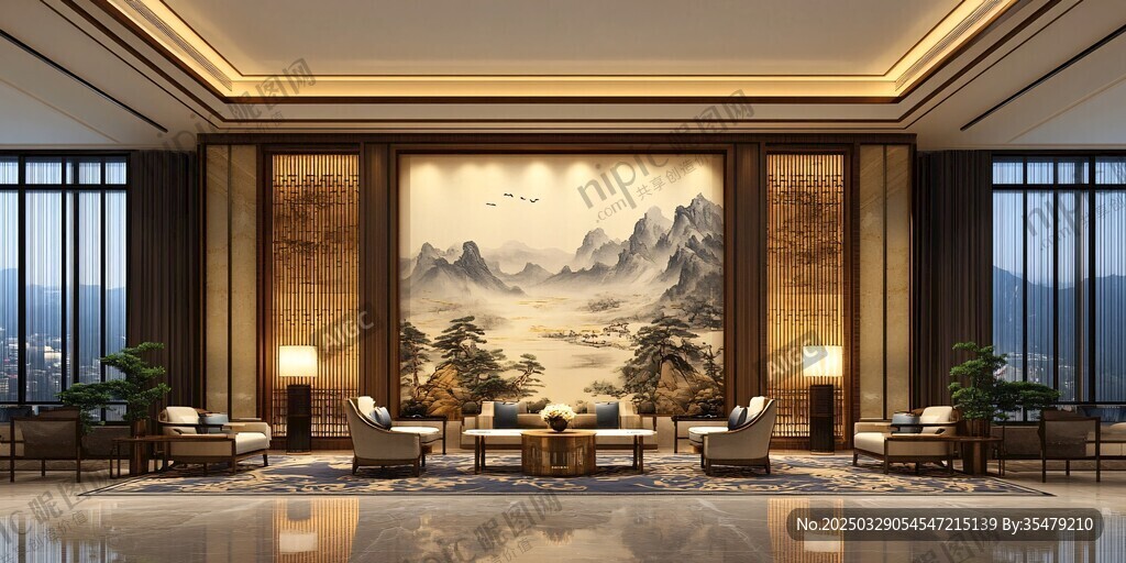 中式奢华客厅山水壁画装饰