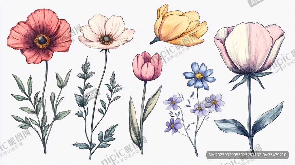 手绘多彩花卉插画集合