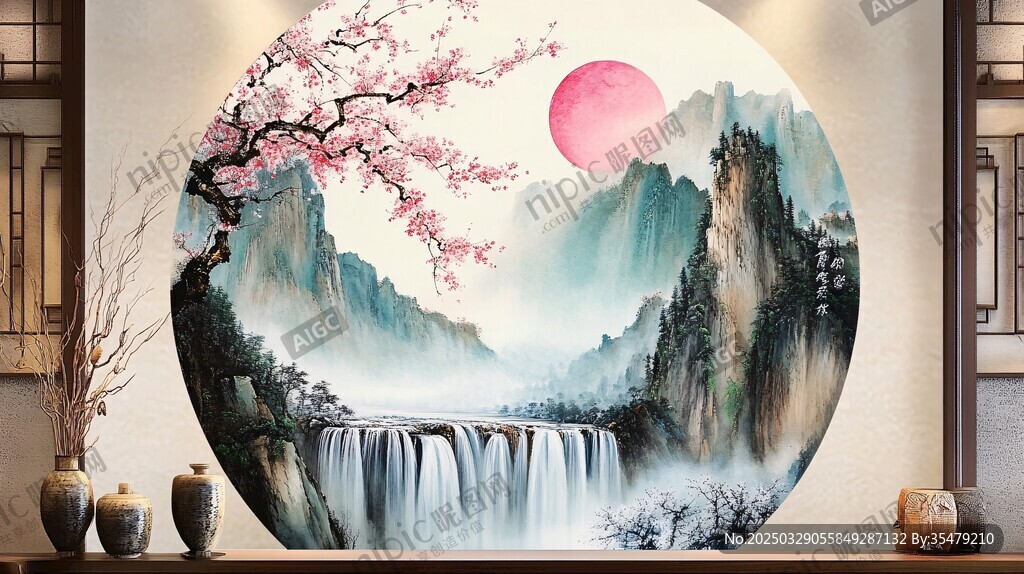 中式山水圆形壁画意境美