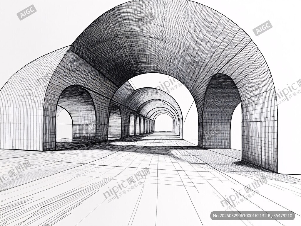 拱形建筑空间线稿图