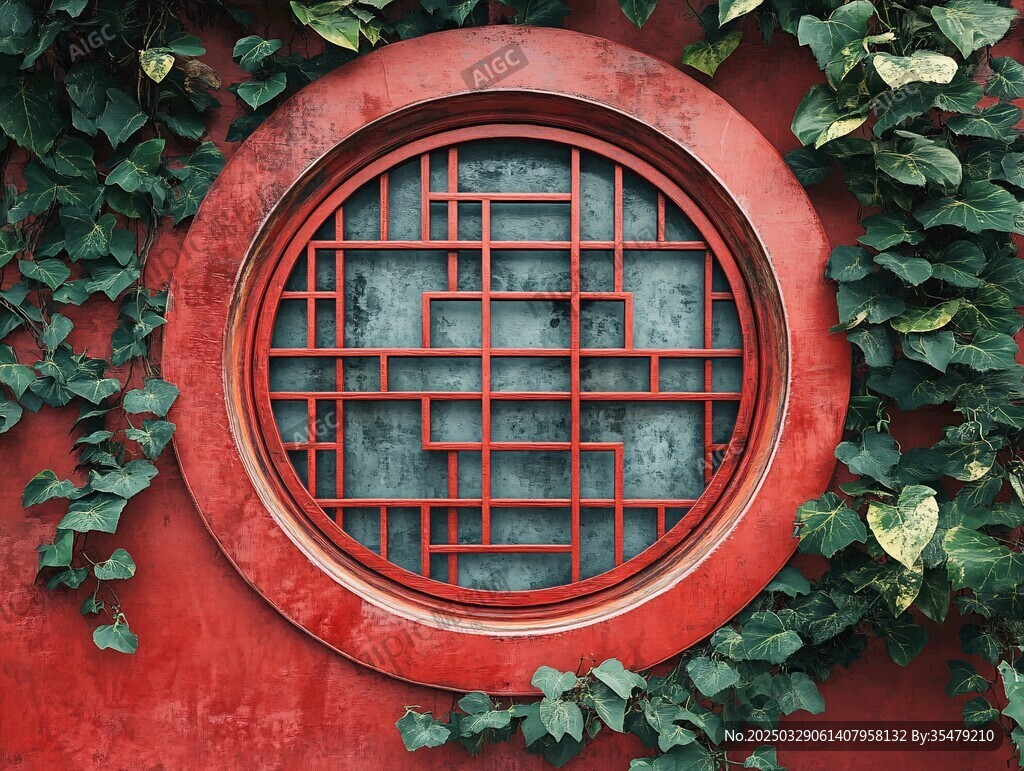 中式红窗覆满翠绿藤蔓