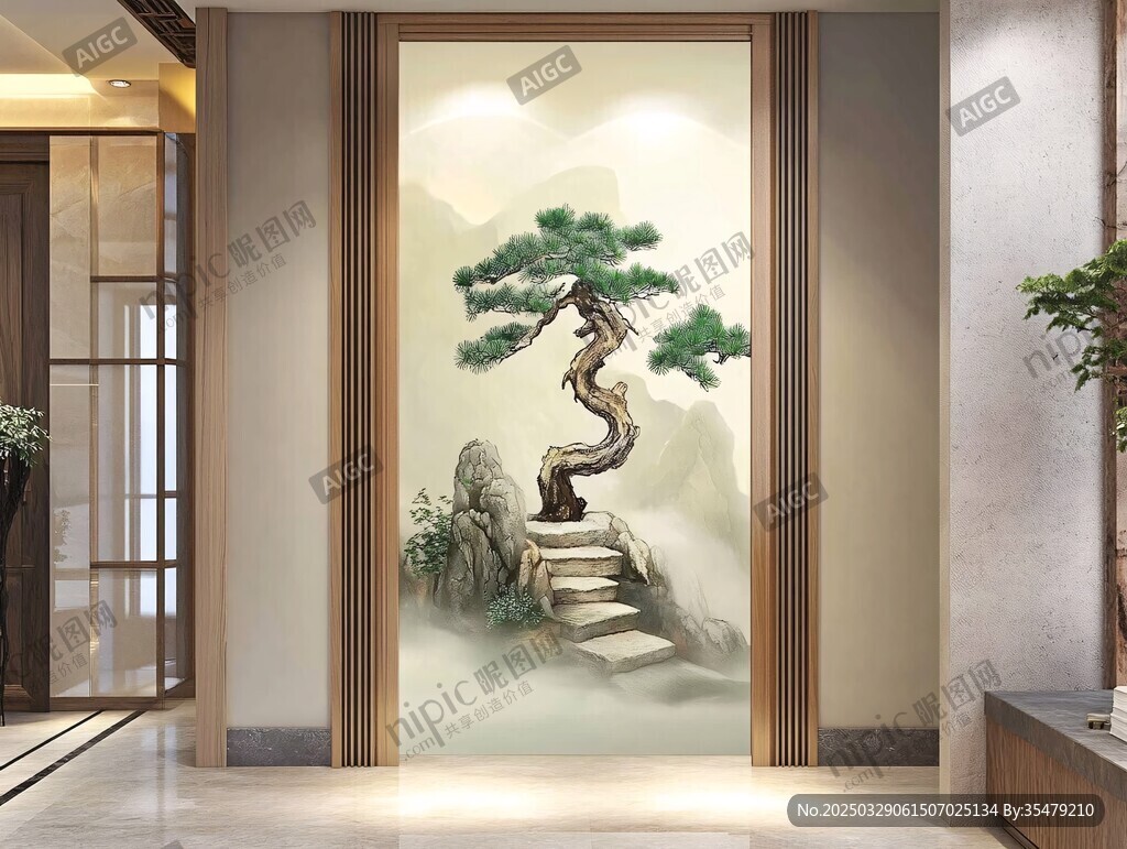 中式玄关迎客松意境壁画