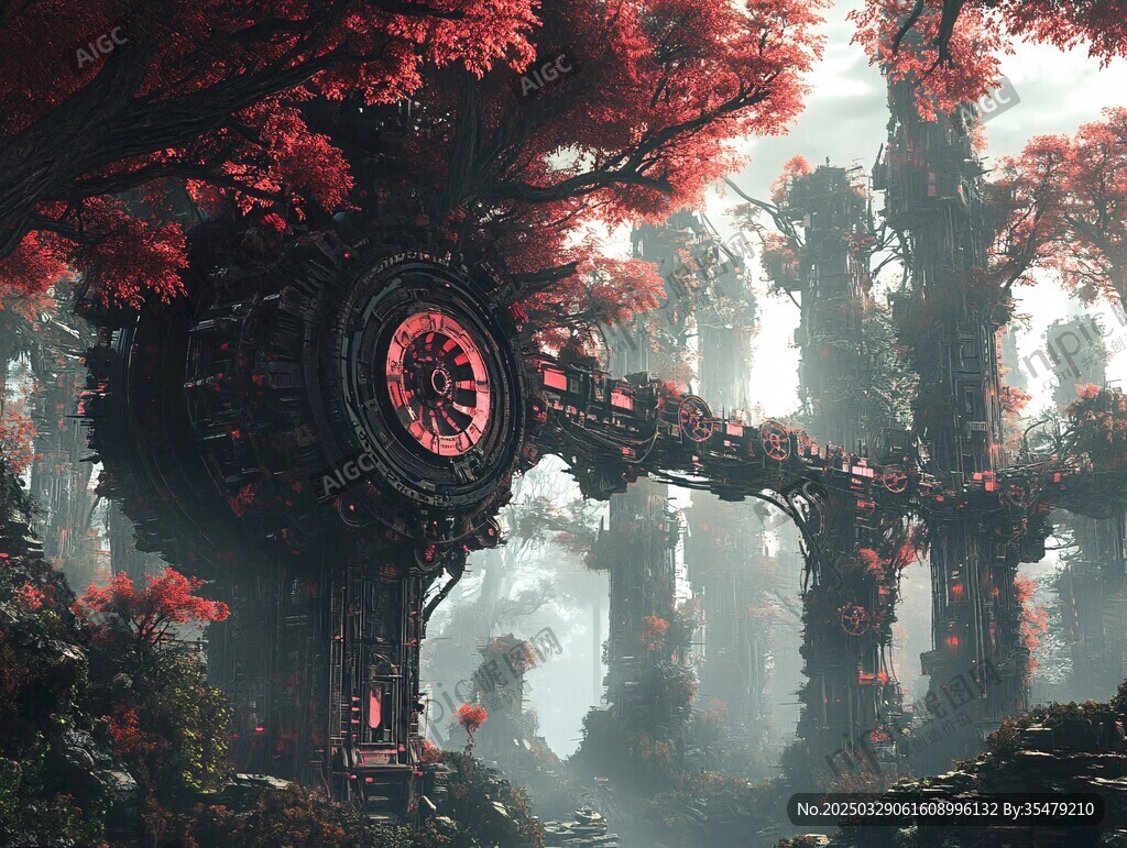 奇幻机械森林中的神秘建筑